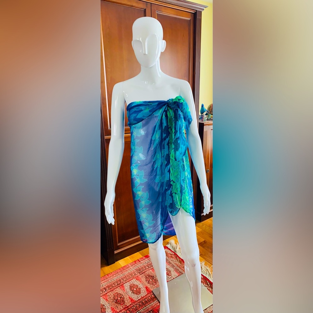 Blue & green floral sheer pareo swimsuit bikini cover-up beachwear